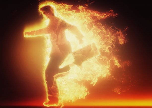 三维插图，综合了火的效果在一个运行的商人图片下载