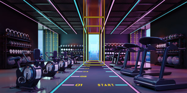 霓虹灯健身房健身俱乐部。三维渲染图片下载