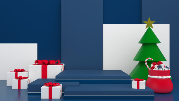 抽象的圣诞节最小模拟场景。几何基座形状的产品展示样机，底座台阶。新年快乐在柔和的背景3D渲染。图片下载