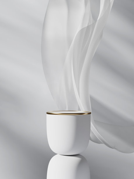 3 d讲台,展示。白色背景与复制空间。化妆品或美容产品促销模型。豪华台阶底座，手掌阴影，布料飞扬。极简主义旗帜，3D渲染插图。图片下载