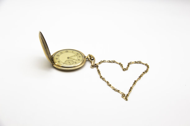 复古的金色旧怀表在白色的背景。这条链是心形的。图片下载