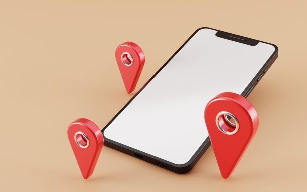 黑屏智能手机，红色地图指针图片下载