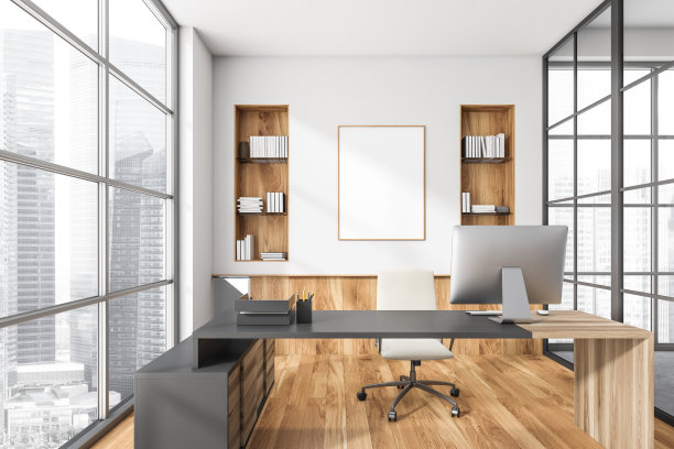 全景白色办公室帆布与两个木龛图片下载