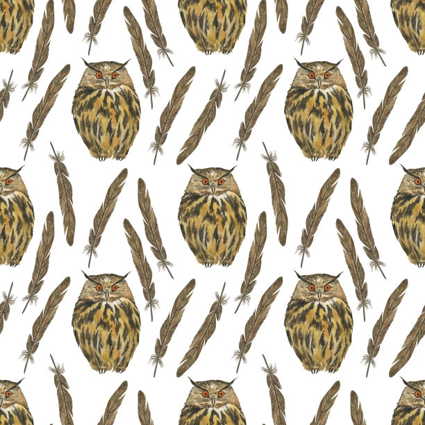 水彩棕色猫头鹰鸟在无缝图案在白色背景上。手绘插图。适合纺织，包装，数码纸。图片下载