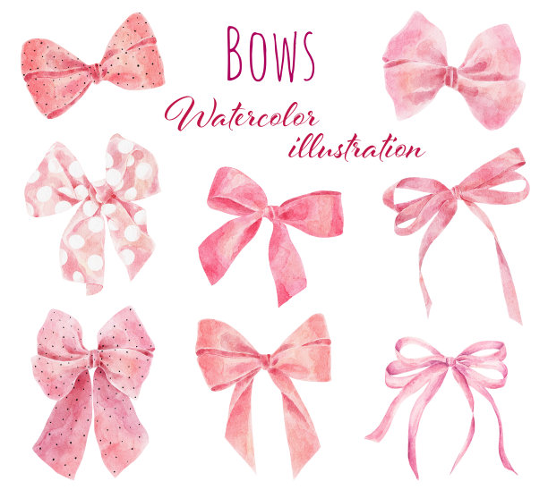 集水彩粉红色弓孤立在白色背景上。图片下载