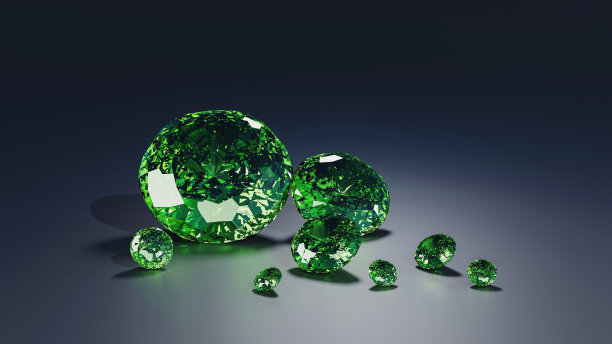 一组透明的绿色钻石在浅蓝色的金属背景。三维渲染图片下载