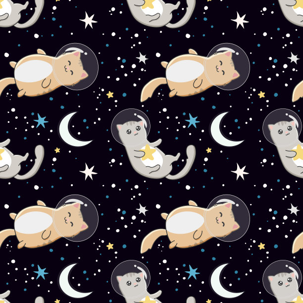 无缝图案与可爱的猫宇航员在星空的空间背景。适合包装纸，海报，布料和其他设计。图片下载