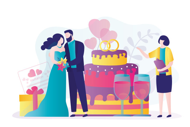 婚姻登记处工作人员主持婚礼。新郎和新娘穿着传统的婚礼服装图片下载