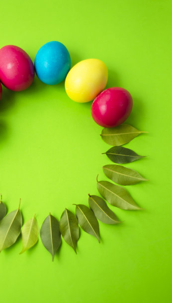 复活节主题。五颜六色的鸡蛋和绿叶。文本的复制空间。图片下载