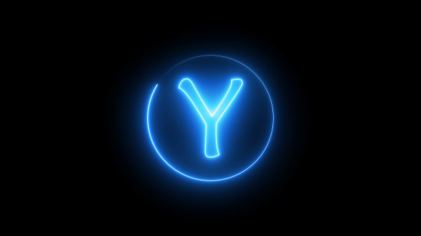 一个闪烁着蓝光的霓虹灯招牌。发光的霓虹灯线在大写字母周围的圆形路径。图片下载