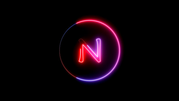 一个闪烁着蓝光的霓虹灯招牌。发光的霓虹灯线在大写字母周围的圆形路径。图片下载