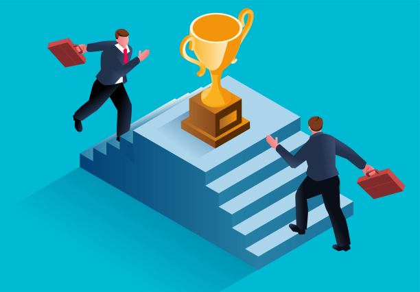 两个商人争着把一个奖杯跑到楼梯顶上的第一名图片下载