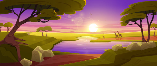 非洲大草原景观与长颈鹿家族素材图片