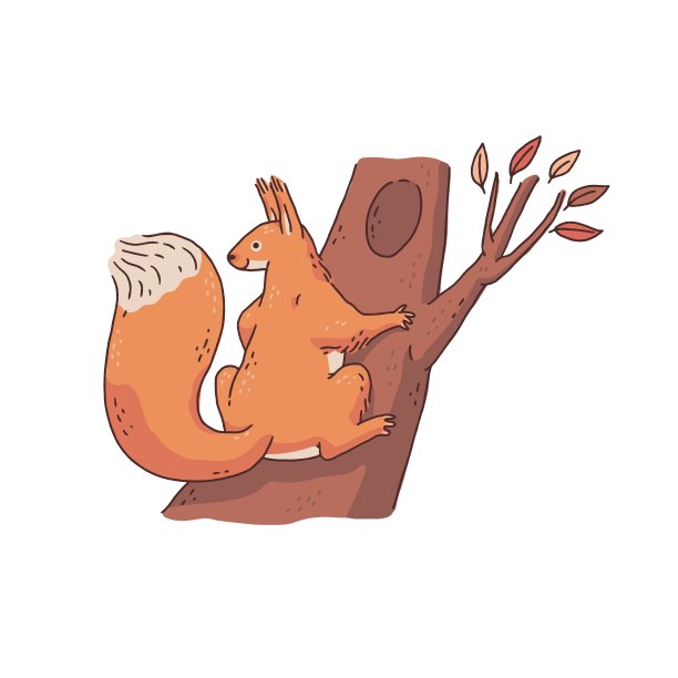 树上的红松鼠。卡通轮廓草图可爱的动物人物插图。图片下载