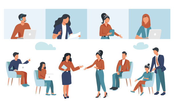 线上商务会议、创意插画、商家、线上联席会议、团队思考与头脑风暴、公司信息分析矢量、矢量插画图片下载