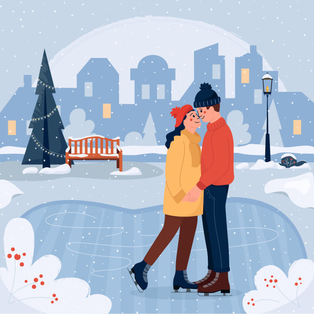 快乐的年轻男女在溜冰场溜冰。城市景观背景场景。冬季趣味体育活动。矢量插图在平坦的风格。图片下载