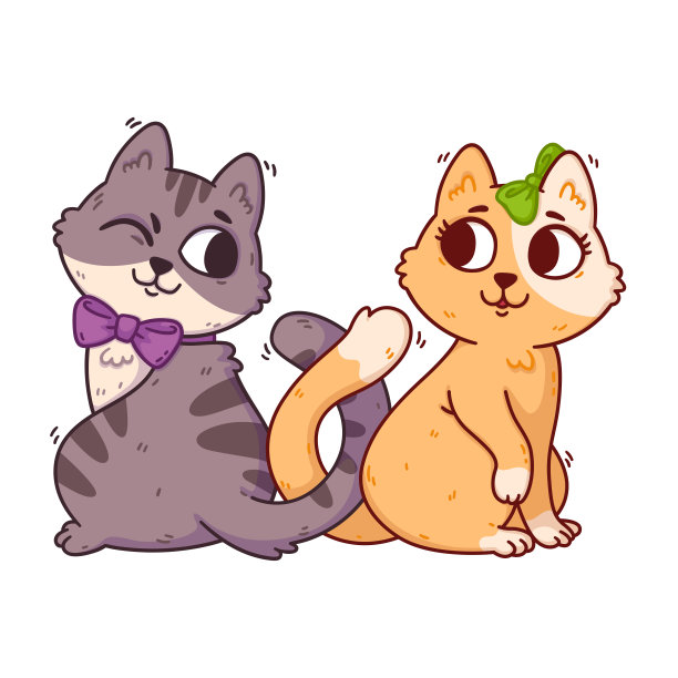 猫恋爱了，就把尾巴打结。二月十四日明信片，主题为家畜。浪漫的情人节贺卡的小猫。传单、邀请、打印。矢量插图孤立在白色。图片下载