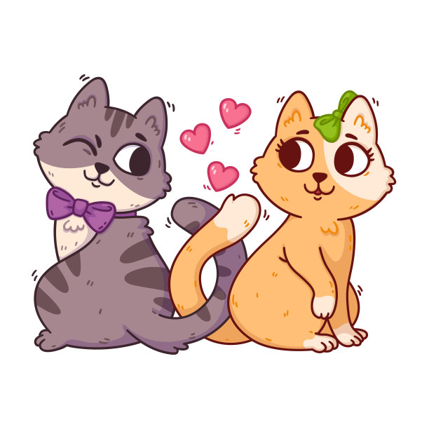 猫恋爱了，就把尾巴打结。二月十四日明信片，主题为家畜。浪漫的情人节贺卡的小猫。传单、邀请、打印。矢量插图孤立在白色。图片下载