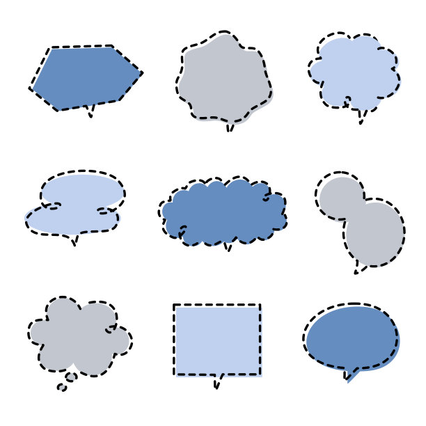 集合了一组空白的黑白手绘虚线语音泡泡球，想说想说的文本框图片下载