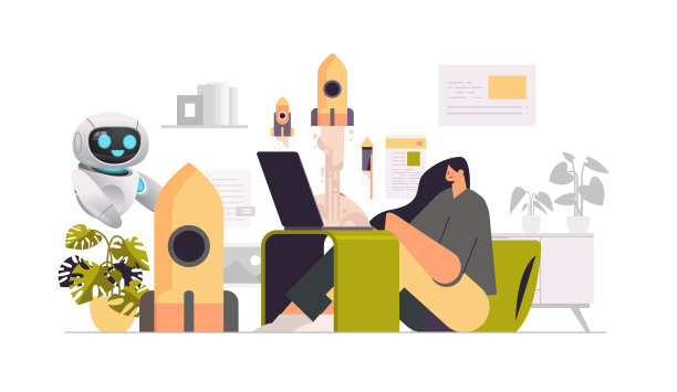 女商人与机器人助手启动火箭创意项目启动商业人工智能概念图片下载