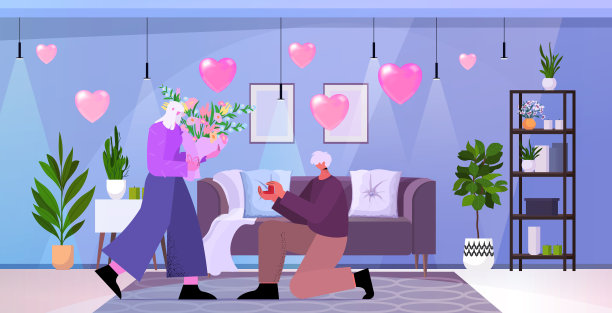 老年男子跪着手持订婚戒指，向老年女子求婚，他情人节快乐概念生活图片下载