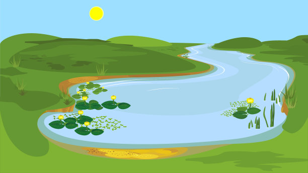 卡通风格夏季湖泊风景：蓝天和绿色河岸图片下载