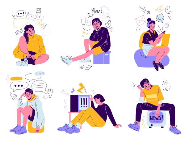 压力的人的信息。无尽的数据流，带着垃圾图标的疲惫角色，坏消息，沮丧的男人和女人。社交媒体网讯压力大，矢量孤立设置图片下载