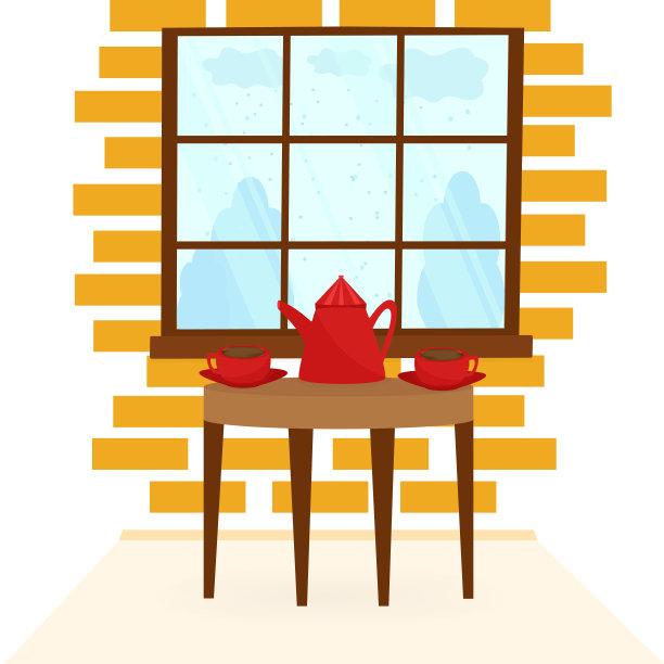 客厅里有一张桌子，上面放着热咖啡或茶，还有一扇窗户，可以看到冬天的风景图片下载