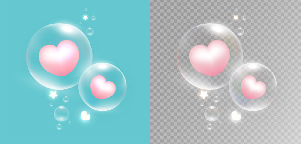 粉红色心形的泡泡皂。抽象设计符号漂浮孤立在浅蓝色和透明的背景上。爱的插图。图片下载