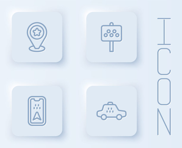 设有星形定位线、出租车停靠站路牌、城市地图及出租车信息图。白色正方形按钮。向量图片下载