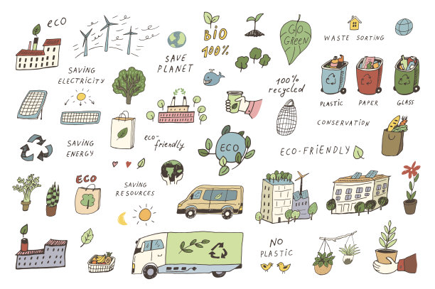 生态插画矢量，生物能源，物流，绿色工厂，拯救地球，回收集。图片下载