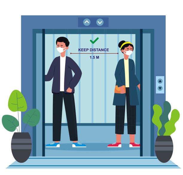 不要为covid - 19冠状病毒张贴海报。办公室员工和员工的安全指导。在电梯里保持社交距离。电梯内和公共电梯内保持社交距离。图片下载