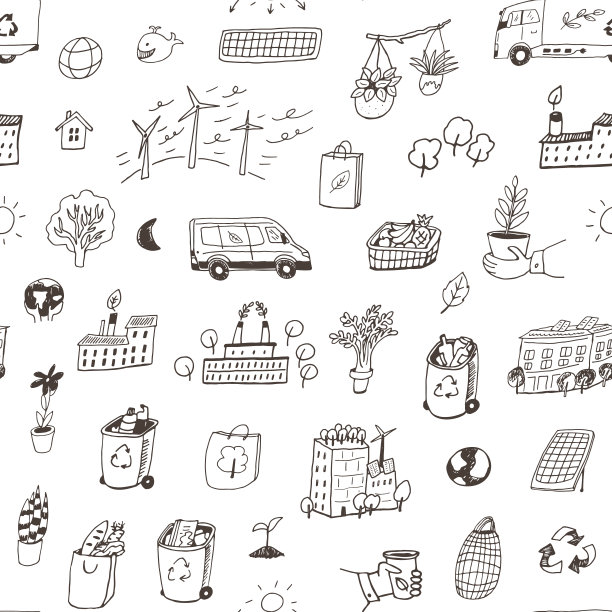 生态插画矢量无缝模式，生物能源，物流，绿色工厂，拯救地球，回收插画集。图片下载