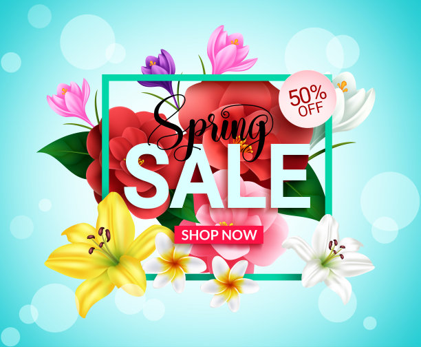 春季销售矢量横幅设计。春季促销文字高达50%的折扣与色彩鲜艳的花朵和叶子季节元素为盛开的季节商店商业广告。图片下载
