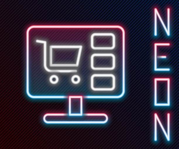 发光的霓虹灯线购物车在屏幕上计算机图标孤立在黑色背景。概念电子商务，电子商务，在线商务营销。色彩斑斓的轮廓的概念。向量图片下载