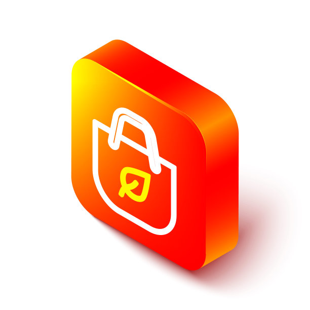 等距线纸购物袋与回收图标孤立在白色背景。有回收标志的袋子。橙色平方按钮。向量图片下载