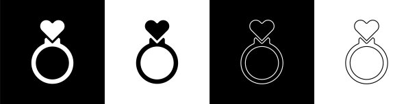 设置结婚戒指图标孤立在黑白背景。新娘和新郎的首饰标志。婚姻的象征。钻石戒指。向量图片下载