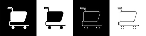 设置购物车图标孤立在黑白背景上。网上购物的概念。送货服务信号。超市篮的象征。向量图片下载