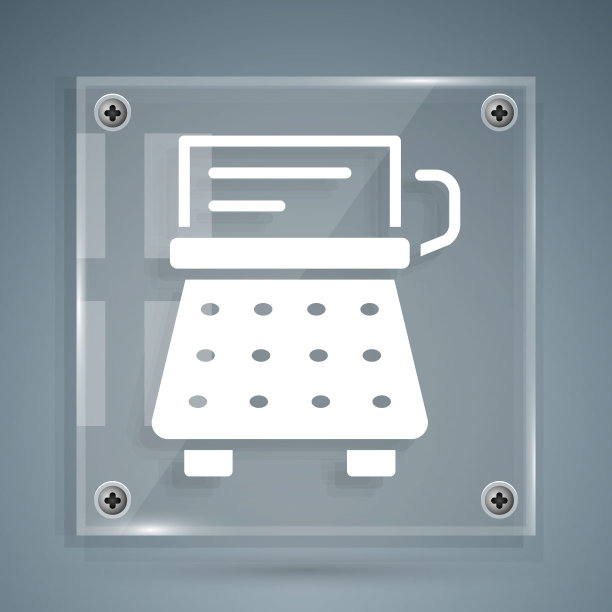 白色复古打字机和纸表图标孤立在灰色背景。方形玻璃面板。向量图片下载