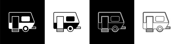 设置房车露营拖车图标孤立在黑白背景上。旅行房车、旅行大篷车、家庭露营车。向量图片下载