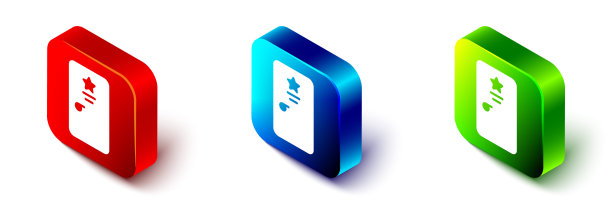 等距后台图标孤立在白色背景。门上有星号。为名人打扮。红色、蓝色和绿色方形按钮。向量图片下载