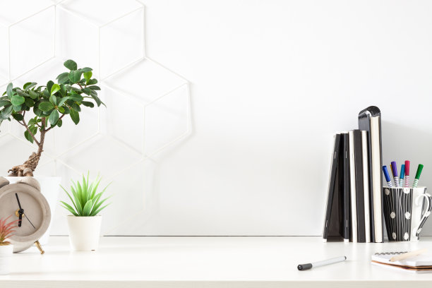 副本的空间。花盆中的办公室用具和植物。笔记本电脑和书籍。家庭办公室。图片下载