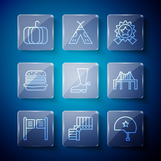 设置线沙龙门，印度头饰羽毛，军事头盔，勋章星，牛仔靴，汉堡，南瓜和金门大桥图标。向量图片下载