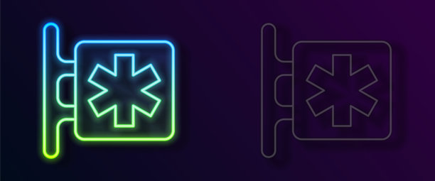 发光的霓虹灯线紧急医疗符号-生命之星图标孤立在黑色背景上。向量图片下载