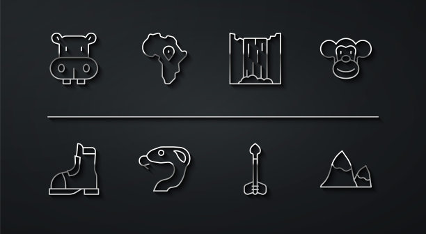 设置线河马或河马，猎人靴子，猴子，箭，蛇，非洲的地图，山脉和瀑布图标。向量图片下载