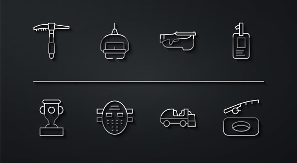 设置线冰斧，奖励杯，身份徽章，表面，曲棍球面具，滑雪电梯，冬季钓鱼和冬季两项步枪图标。向量图片下载