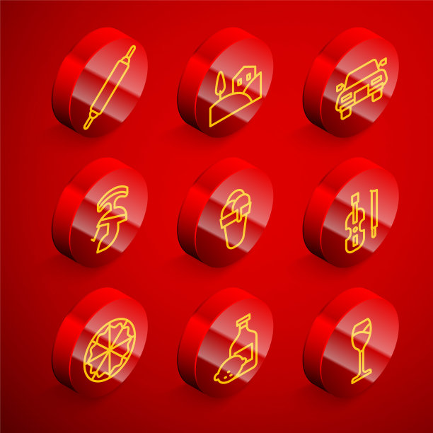 集线擀面杖，村庄景观，汽车，罗马军队头盔，冰淇淋，小提琴，披萨和柠檬瓶图标。向量图片下载