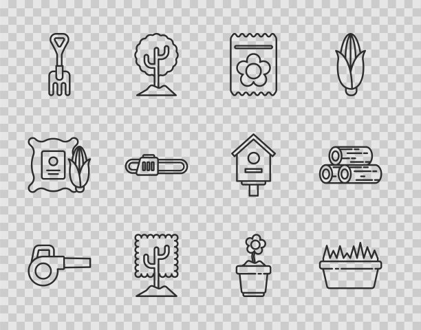设置线叶片花园鼓风机，新鲜的草在矩形，包装充满植物的种子，树，花园耙子，电锯，花盆和木制原木图标。向量图片下载