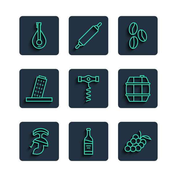 设置线罗马军队头盔，瓶葡萄酒，葡萄水果，咖啡豆，葡萄酒开塞钻，比萨塔，曼陀林和桶的图标。向量图片下载