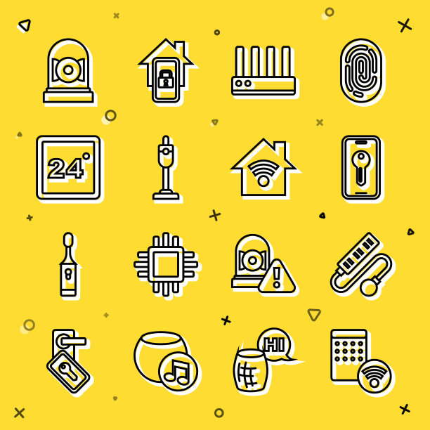 可设置线路空气加湿器、电延长线、智能钥匙、路由器和wi-fi信号、吸尘器、恒温器、铃声和家用图标。向量图片下载